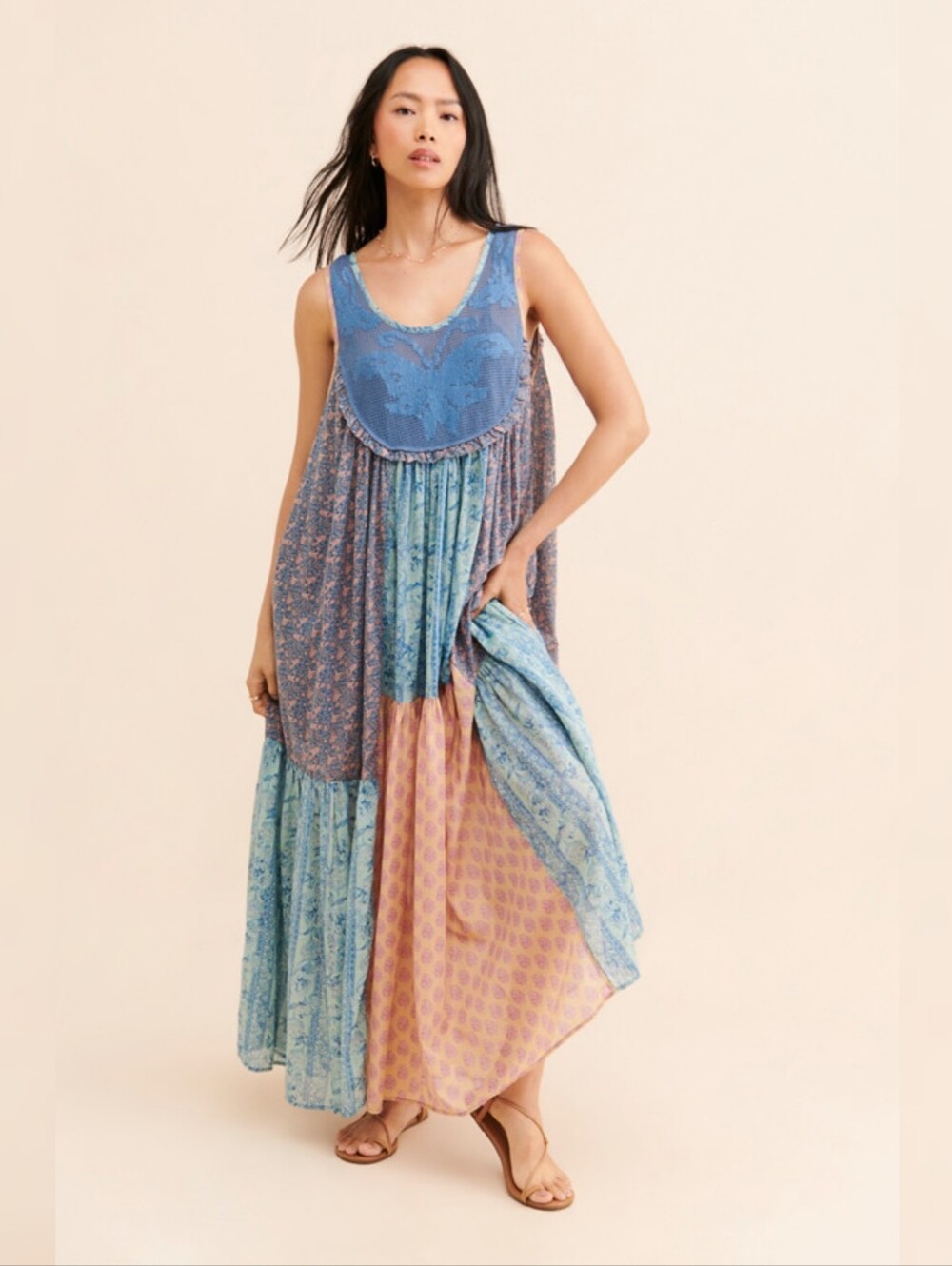 Free People Lost Palms Craft Maxi Dress Floral Multicolor Patchwork Medium